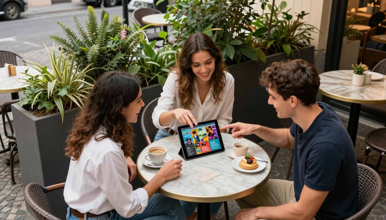 Group of young professionals at an outdoor cafe laughing and reading a digital magazine together on a shared tablet