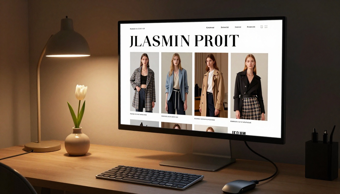 Fashion editorial magazine spread displayed on a large widescreen monitor on a styled professional media desk