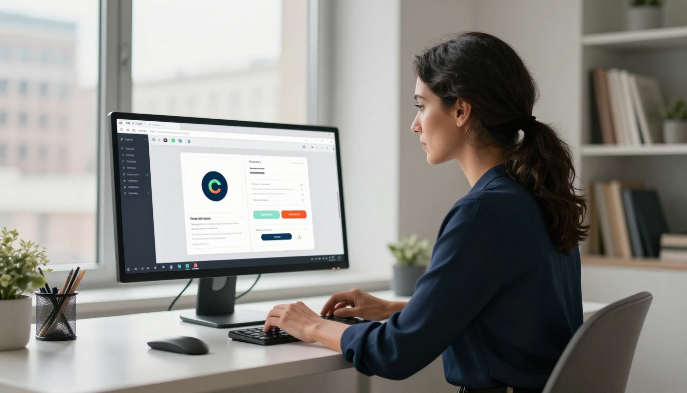 Professional woman with dark wavy hair customizing digital magazine branding settings at her standing desk with city view