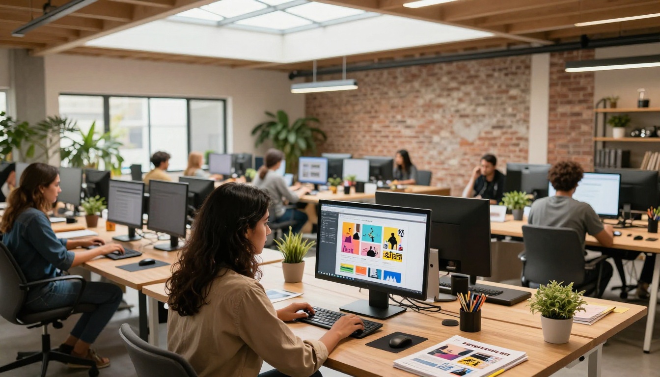 Young South Asian woman working on a digital magazine layout on a large external monitor in a bright co-working space