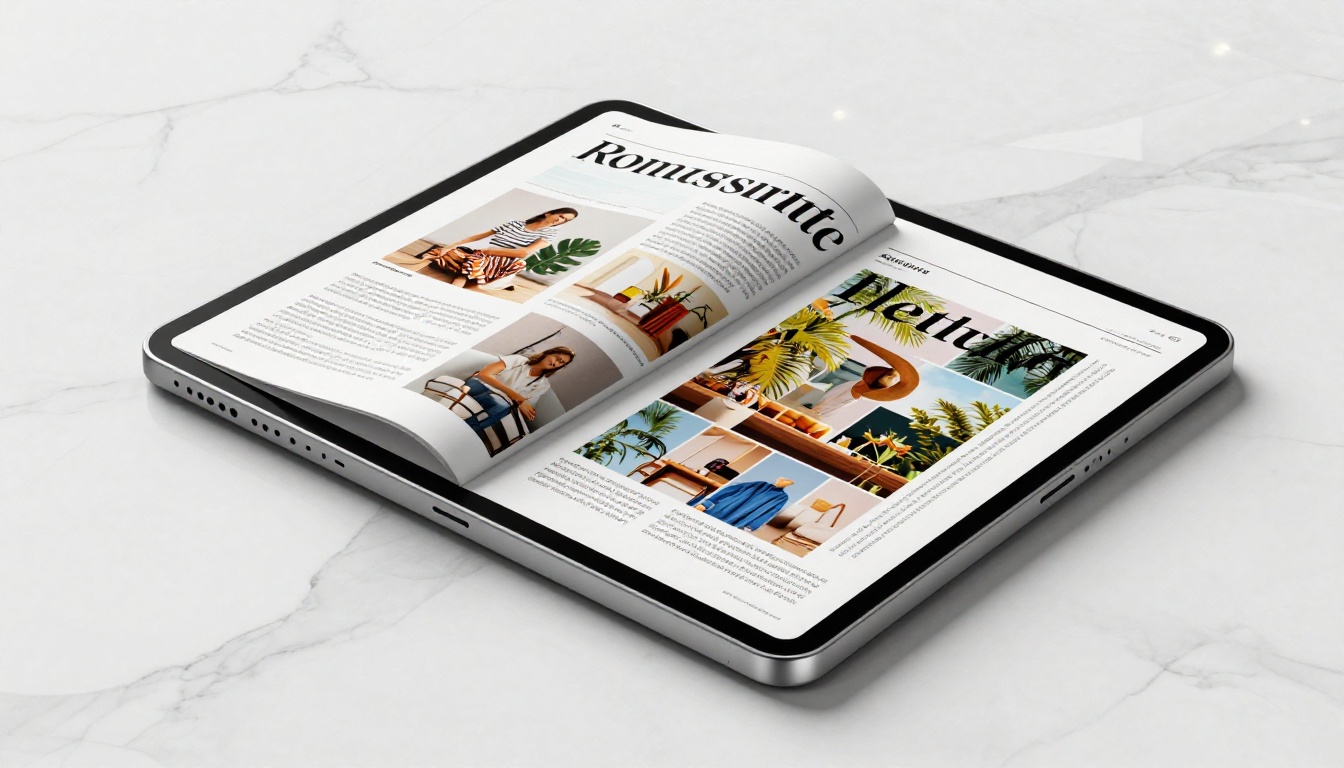Smartphone and tablet side by side on white marble surface both displaying the same vibrant digital magazine lifestyle spread