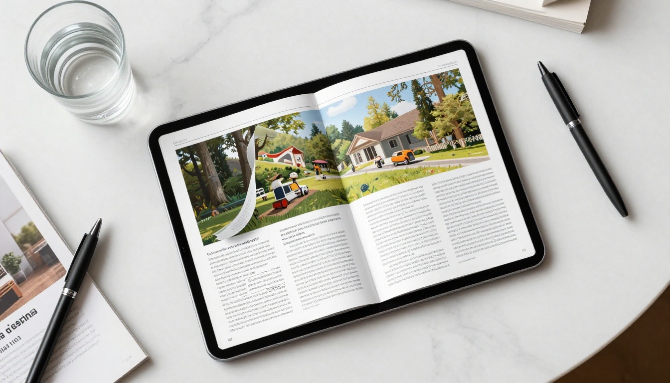 Aerial top-down view of a tablet displaying a digital magazine flipbook mid-page-turn on a white marble surface, alongside a printed magazine and a black pen Aerial top-down view of a tablet displaying a digital magazine flipbook mid-page-turn on a white marble surface, alongside a printed magazine and a black pen