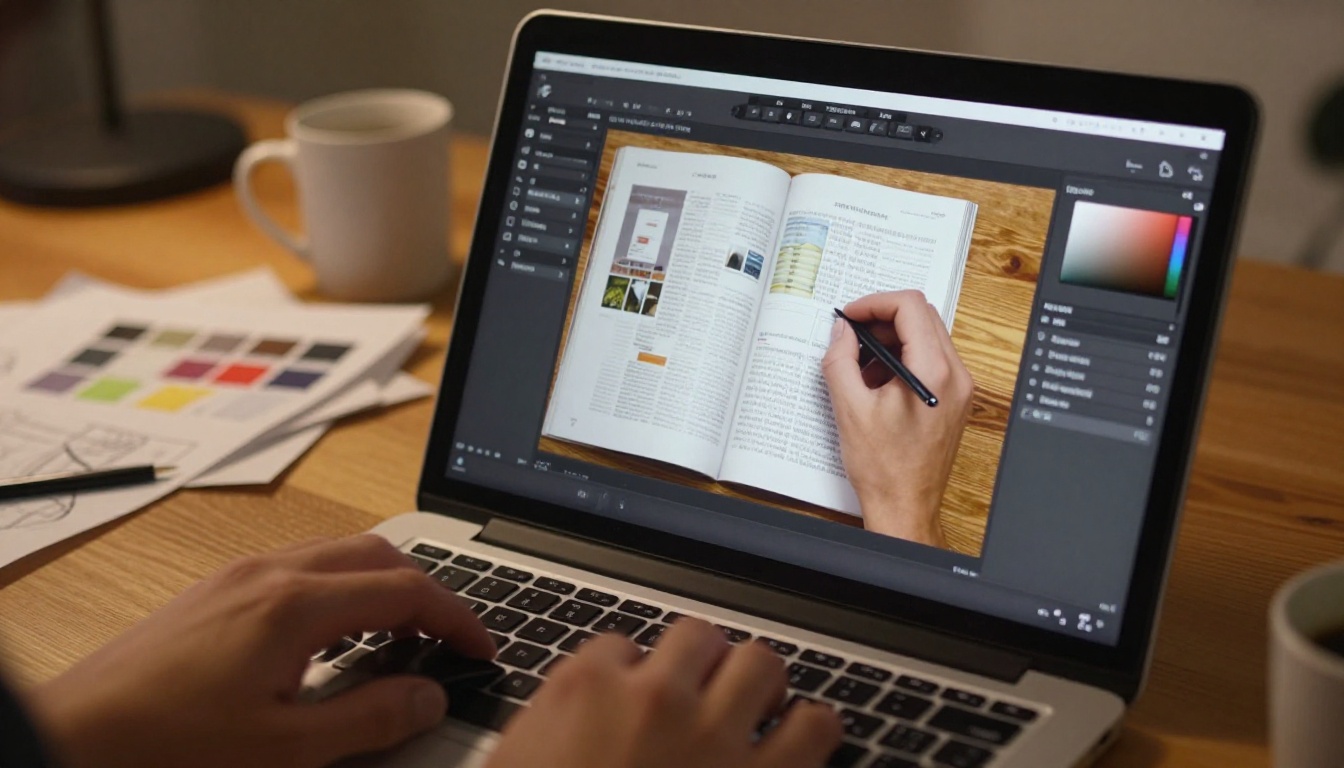 Close-up of a flipbook editor on a laptop screen with a designer's hand adjusting a magazine spread, editing toolbar visible on the left Close-up of a flipbook editor on a laptop screen with a designer's hand adjusting a magazine spread, editing toolbar visible on the left