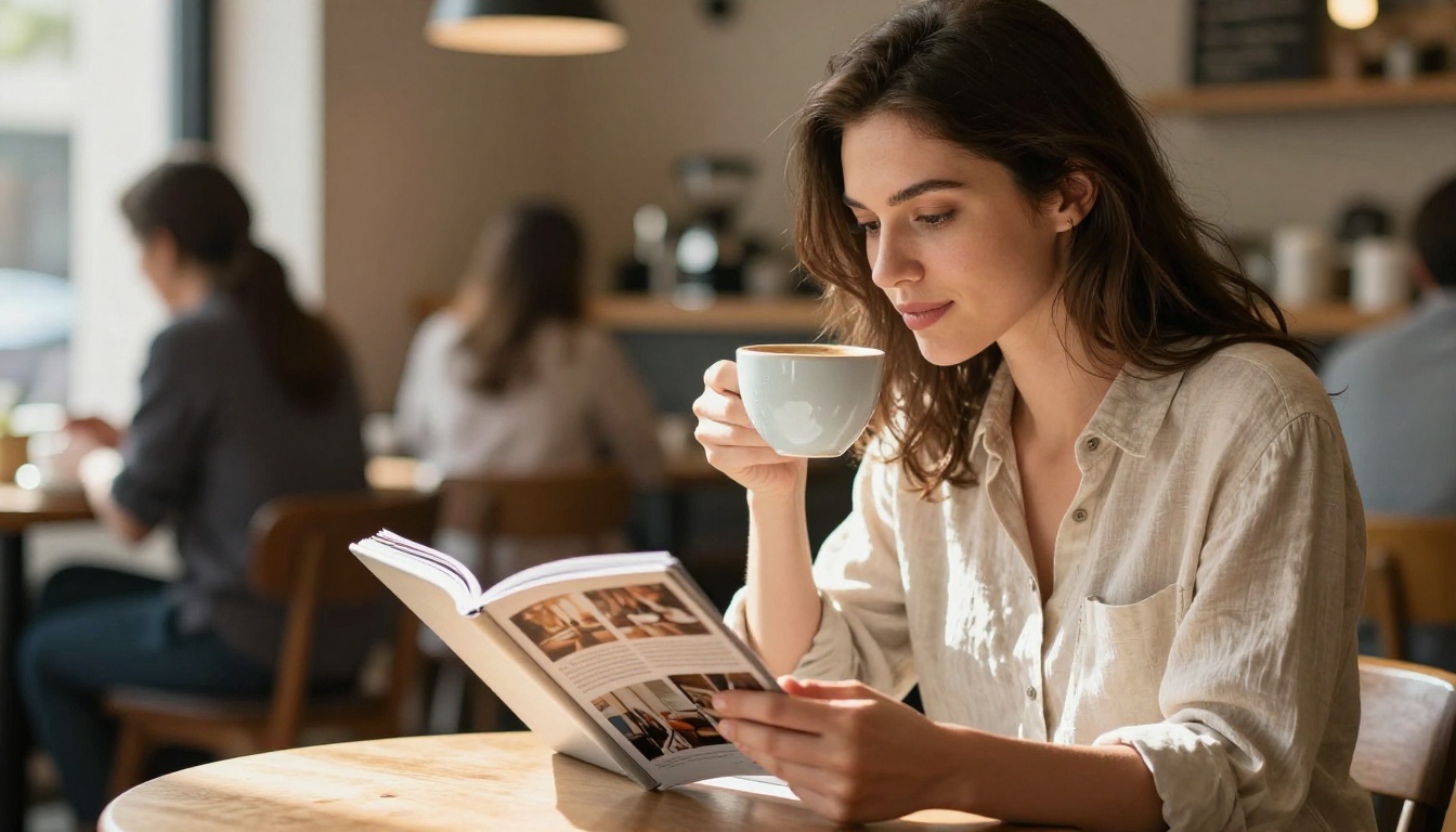 Young woman at a sunlit cafe table reading an interactive lifestyle magazine flipbook on a tablet, holding a ceramic coffee cup, warm morning window light Young woman at a sunlit cafe table reading an interactive lifestyle magazine flipbook on a tablet, holding a ceramic coffee cup, warm morning window light