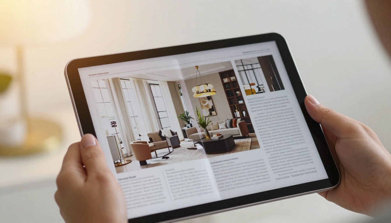 Close-up of two hands holding a tablet displaying a luxury interior design magazine flipbook, the page corner visibly curling in a realistic turn animation Close-up of two hands holding a tablet displaying a luxury interior design magazine flipbook, the page corner visibly curling in a realistic turn animation