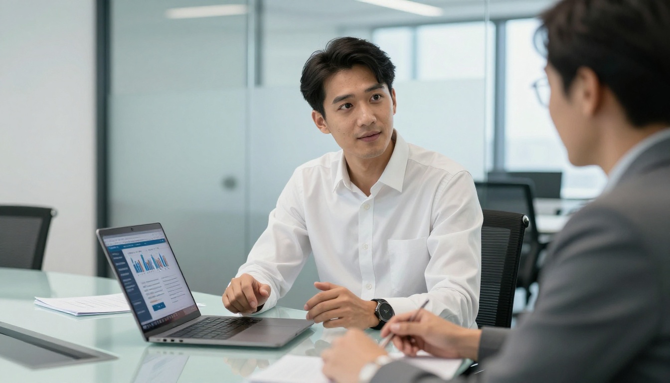 Business professional sharing an interactive corporate report flipbook on a laptop in a bright conference room with a colleague seated across Business professional sharing an interactive corporate report flipbook on a laptop in a bright conference room with a colleague seated across