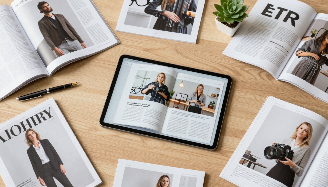 Overhead flat-lay view of printed magazines and a tablet showing the same publication as an interactive flipbook, natural daylight from above Overhead flat-lay view of printed magazines and a tablet showing the same publication as an interactive flipbook, natural daylight from above