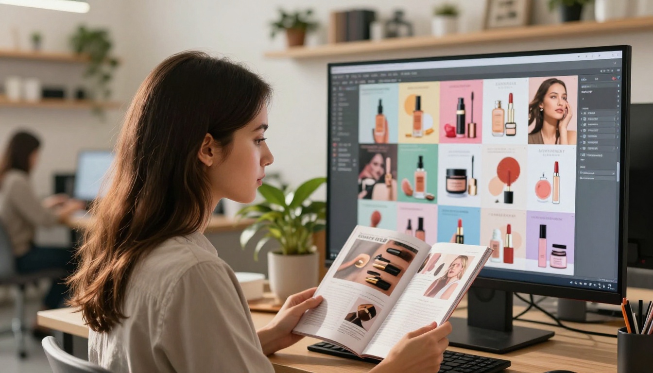 Woman in a modern co-working space reading a fashion and beauty magazine flipbook on a large monitor, warm afternoon side lighting from the right Woman in a modern co-working space reading a fashion and beauty magazine flipbook on a large monitor, warm afternoon side lighting from the right