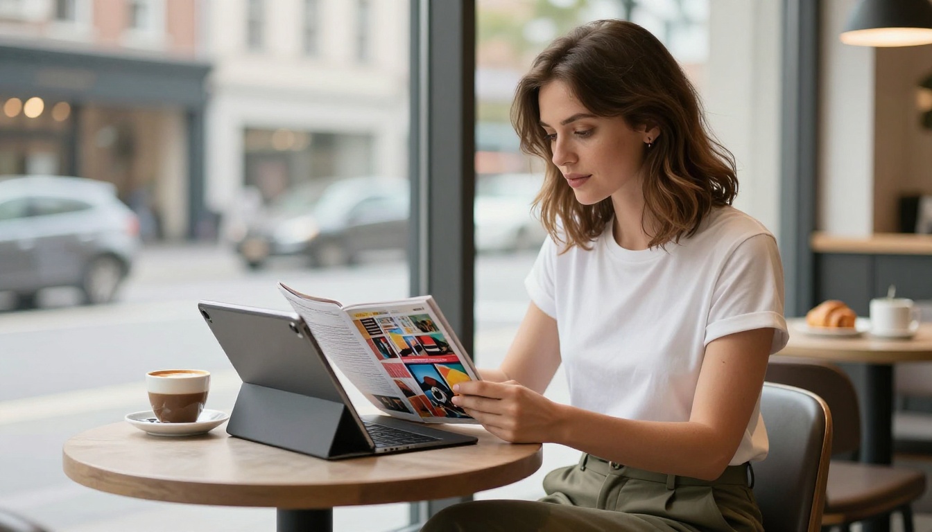 Young woman casually browsing a vibrant digital magazine on iPad Pro in a modern bright coffee shop Young woman casually browsing a vibrant digital magazine on iPad Pro in a modern bright coffee shop
