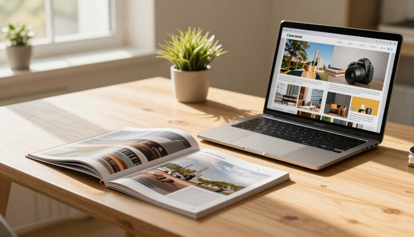 Low-angle view of printed magazine and laptop showing digital flipbook side by side on warm wood desk Low-angle view of printed magazine and laptop showing digital flipbook side by side on warm wood desk