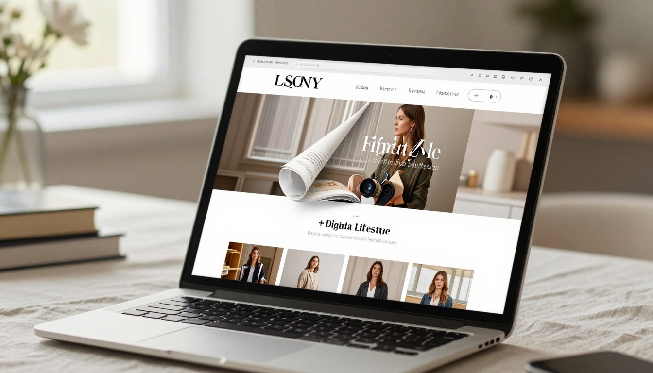 Laptop screen showing beautifully designed digital lifestyle magazine with realistic page curl animation Laptop screen showing beautifully designed digital lifestyle magazine with realistic page curl animation