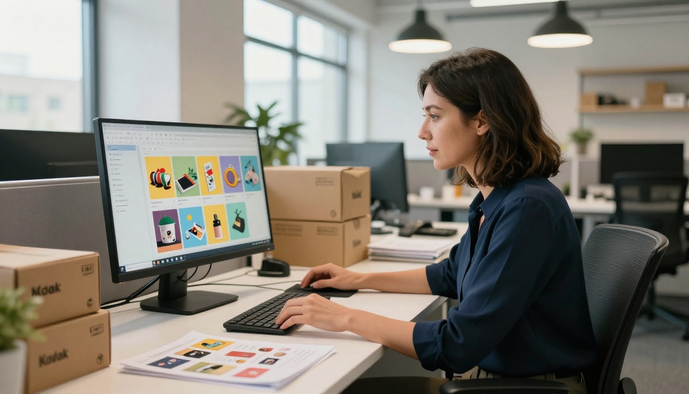 Small business owner reviewing digital product catalog with page flip on large widescreen monitor at modern office Small business owner reviewing digital product catalog with page flip on large widescreen monitor at modern office