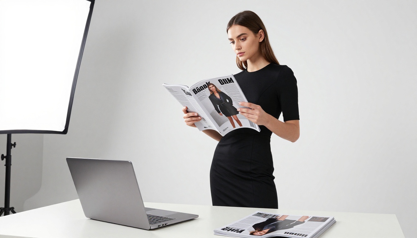 Confident stylish woman holding open printed fashion magazine in bright minimalist studio with digital version visible on laptop behind Confident stylish woman holding open printed fashion magazine in bright minimalist studio with digital version visible on laptop behind