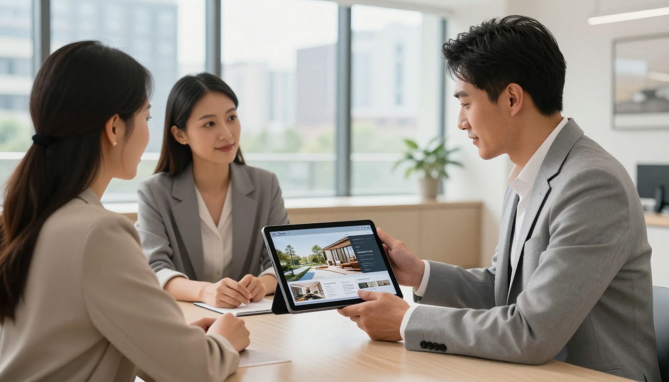 Real estate professional showing digital property brochure with page flip to clients in modern conference room Real estate professional showing digital property brochure with page flip to clients in modern conference room