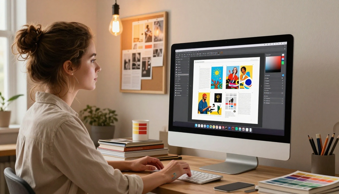 Creative graphic designer working on magazine layout at large iMac in warm amber-lit creative studio Creative graphic designer working on magazine layout at large iMac in warm amber-lit creative studio