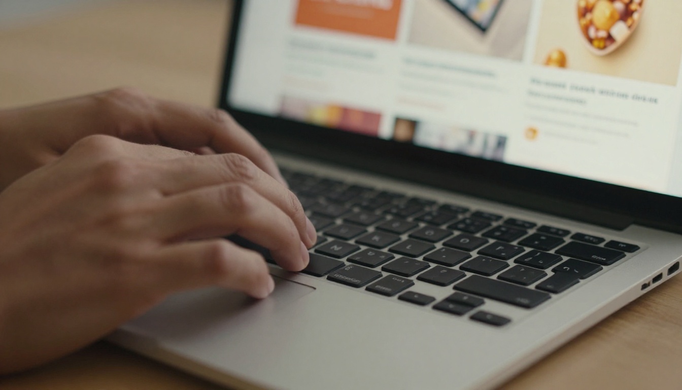 Close-up of hands typing on laptop with colorful newsletter design interface visible on screen