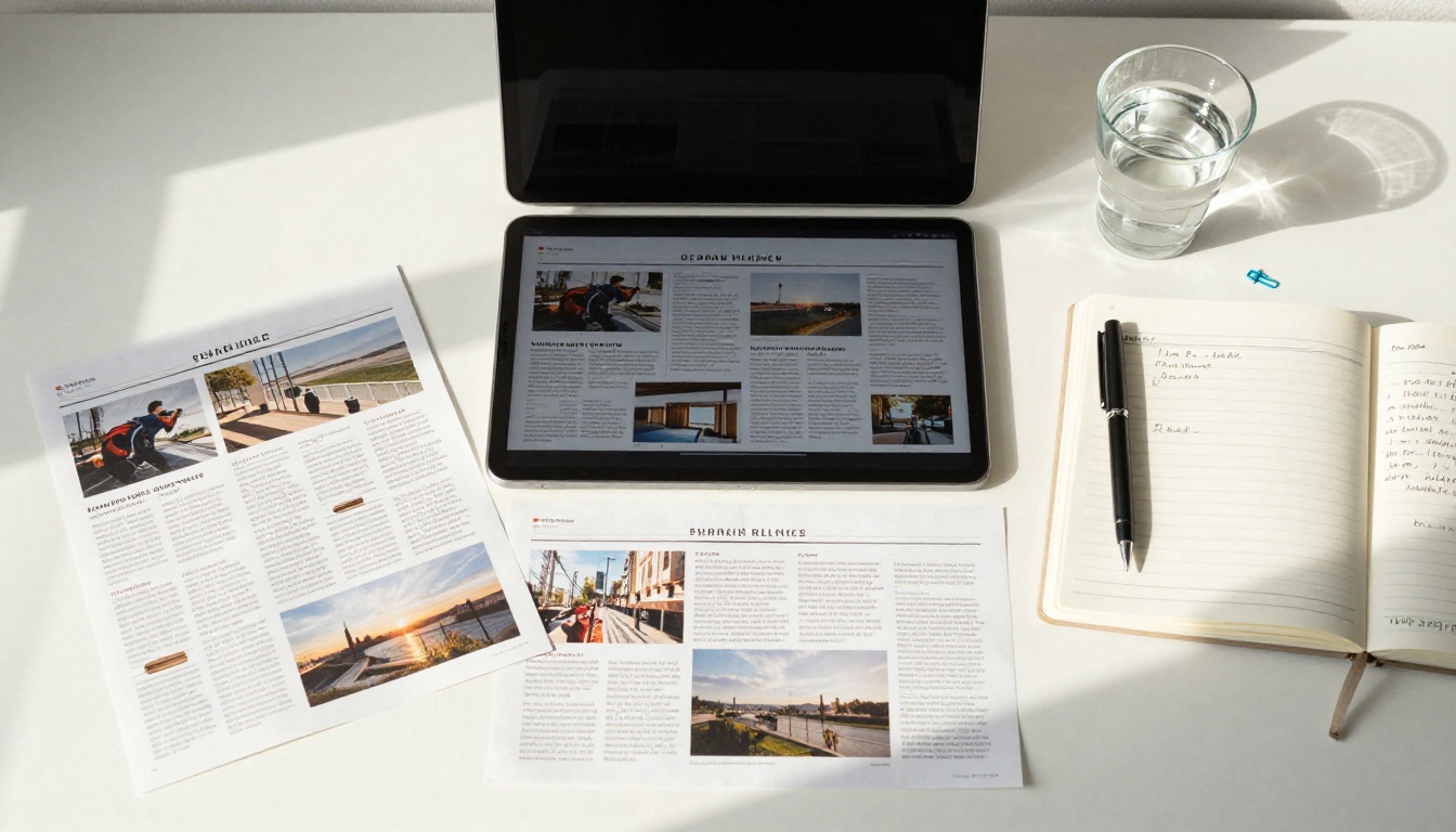 Aerial flat-lay view of a desk with printed newsletter pages beside an iPad showing the digital flipbook version