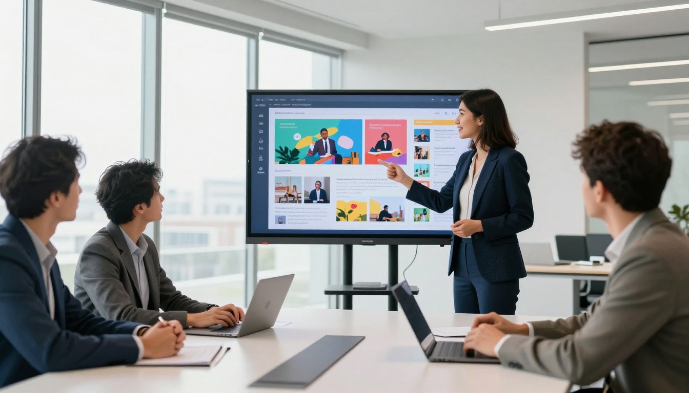 Professional woman presenting a newsletter flipbook on a large wall-mounted display to engaged colleagues in a bright modern meeting room