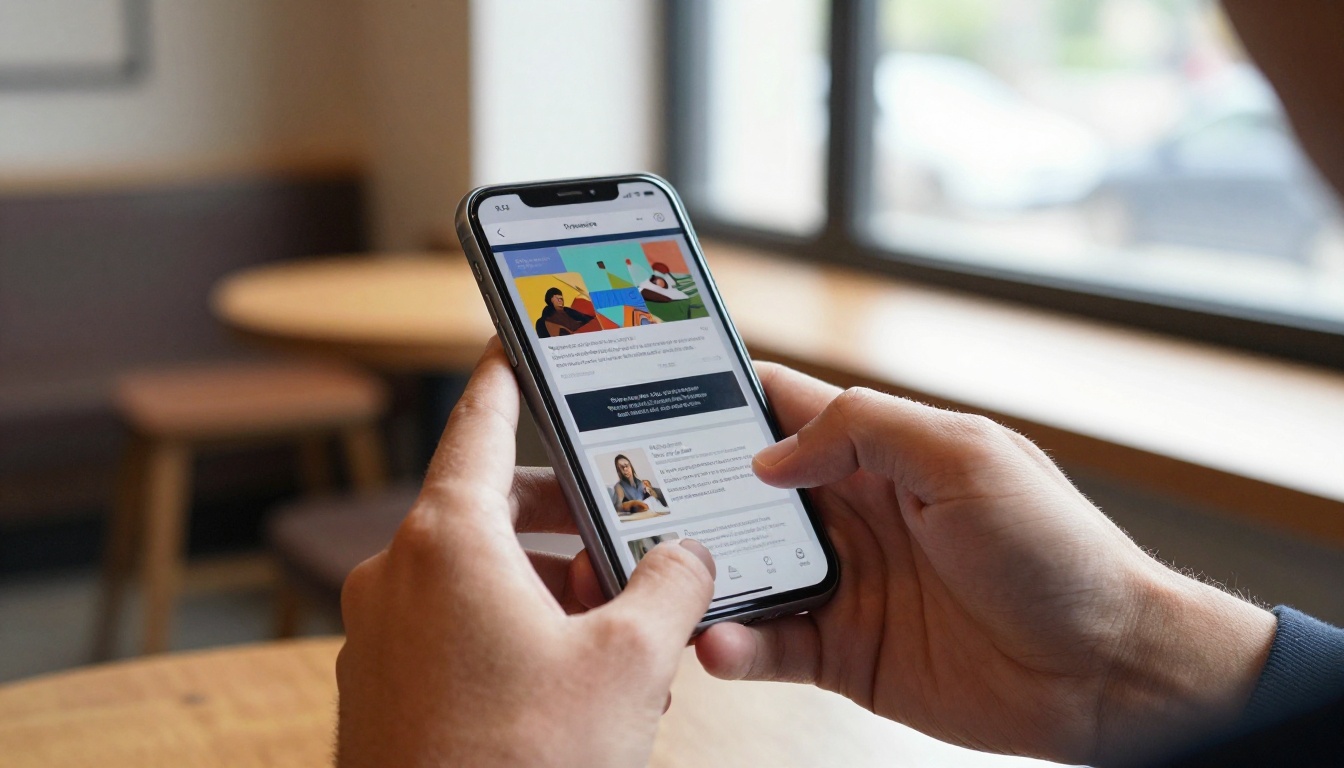 Hands holding a smartphone showing an interactive newsletter flipbook with a page-turn animation mid-swipe