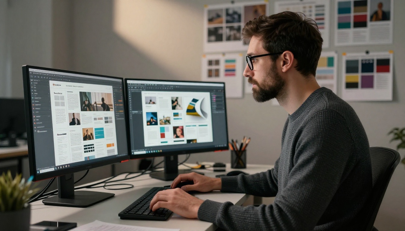 Creative designer at a wide dual-monitor workstation with a newsletter layout on one screen and a live flipbook preview on the other