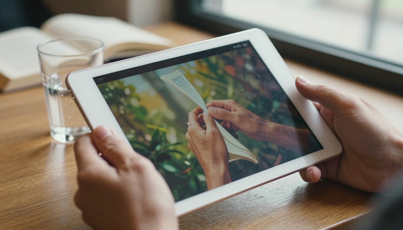 Hands holding a tablet displaying a vibrant digital flipbook with a page-turn animation, softly blurred cafe table in the background, natural window light
