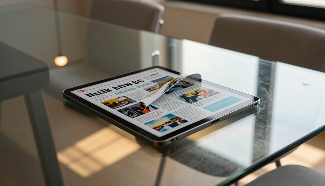 Tablet lying on a glass conference table displaying a vibrant newsletter flipbook with a page caught mid-curl, photographed from a dramatic low angle