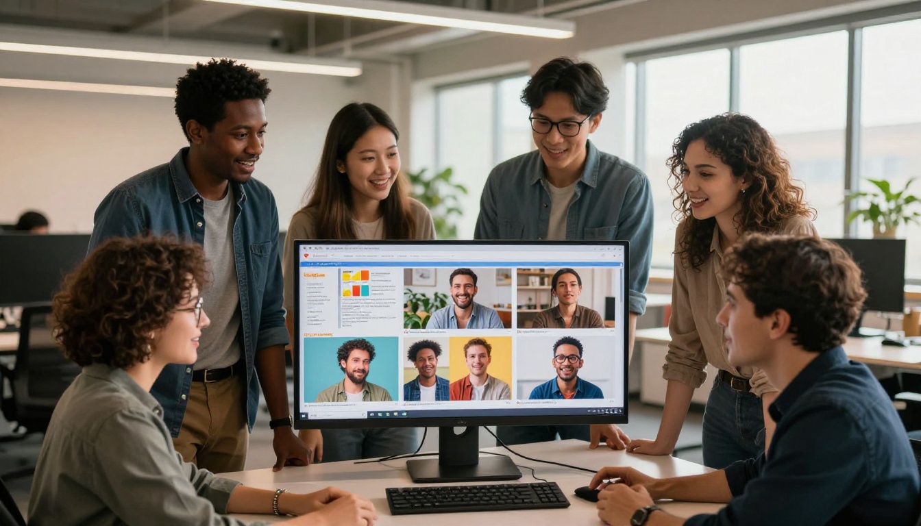 Group of four diverse office workers gathered closely around a widescreen monitor viewing a colorful digital newsletter flipbook with visible interest
