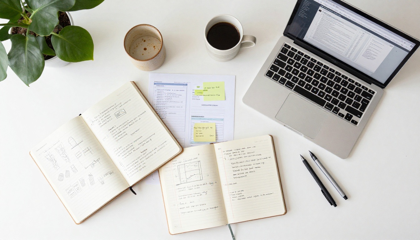 Aerial flat-lay of a creative publisher's workspace with open notebooks, printed PDF mockups with sticky notes, and a MacBook showing a digital publishing dashboard