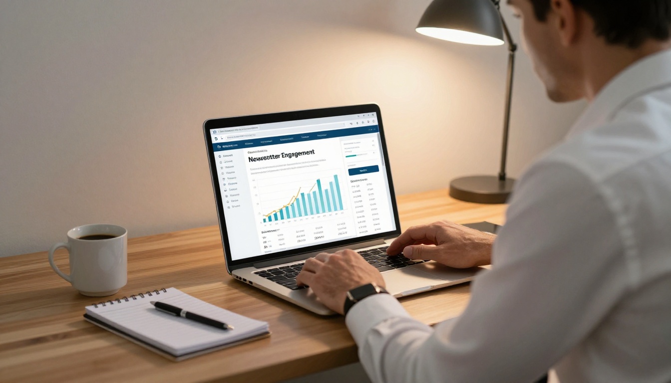 Professional man reviewing newsletter reader metrics and page-level data on an analytics dashboard on his laptop at a walnut desk