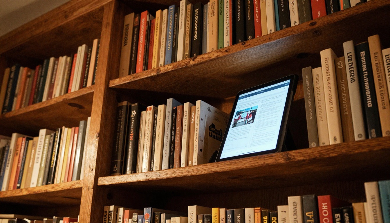 A tall bookshelf packed with paperbacks in warm earth tones, a tablet propped open on one shelf showing a digital flipbook magazine, warm incandescent light from above