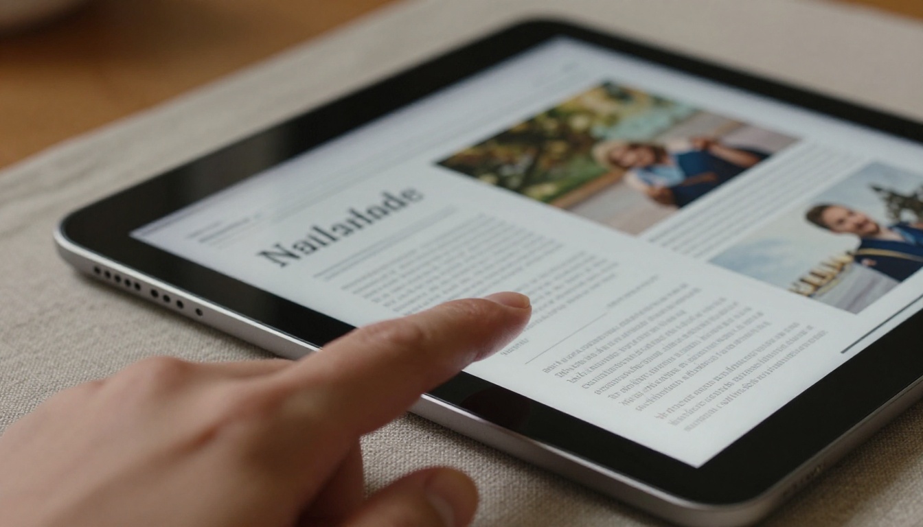 Close-up macro shot of a finger actively swiping through a digital newsletter flipbook on an iPad, showing a realistic page-curl animation mid-swipe on a linen-textured surface