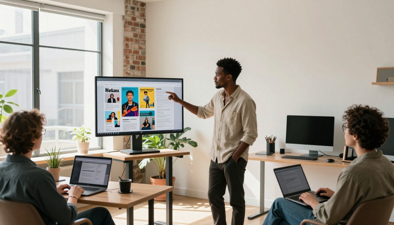 A young Black male independent publisher presenting a digital flipbook on a large external monitor to two colleagues in a bright home office with floor-to-ceiling windows