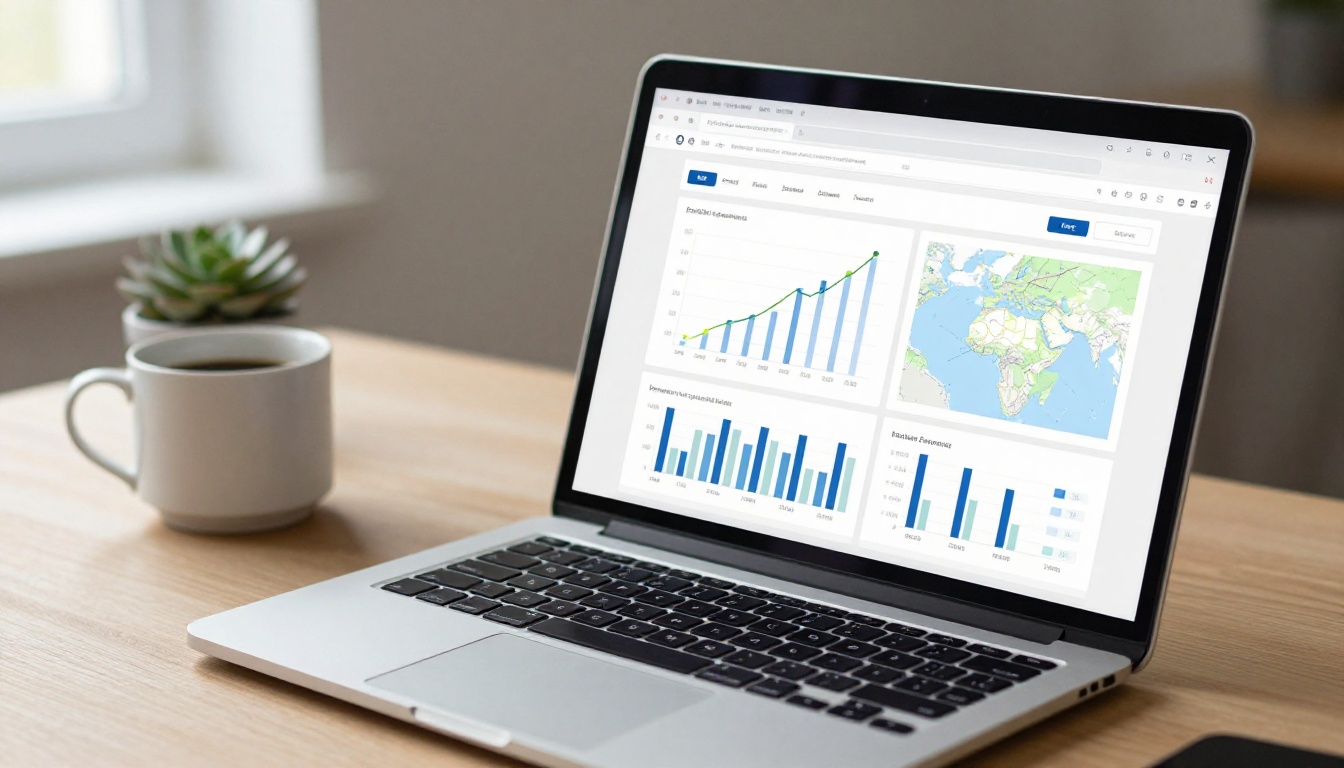 A laptop screen showing an analytics dashboard with upward-trending line graphs and reader growth bar charts, shallow depth of field with a coffee mug blurred in the background