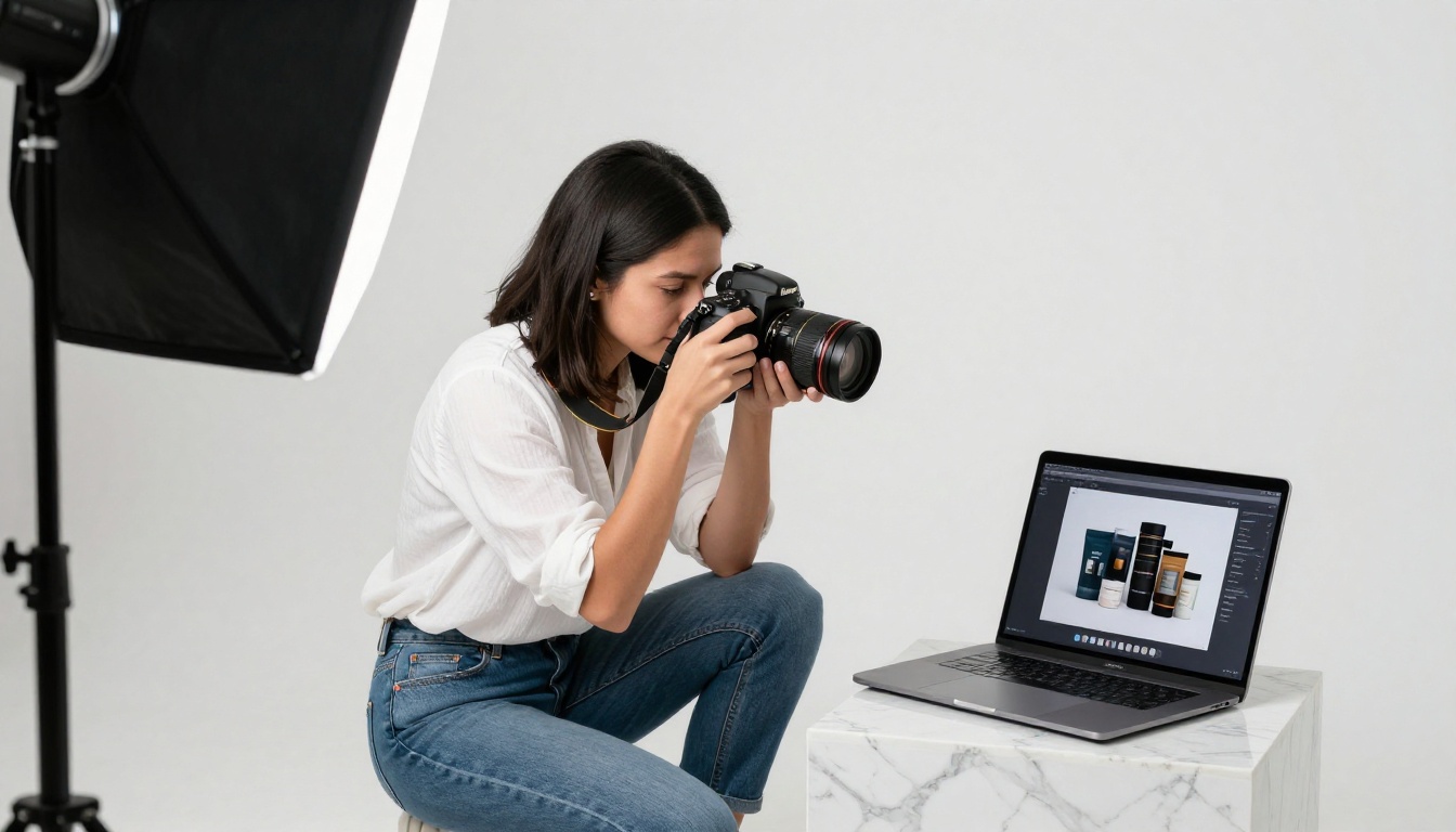 A Latina woman photographer crouching with a DSLR to photograph artisan products on a marble surface for a digital catalog, a laptop nearby showing the finished product catalog flipbook