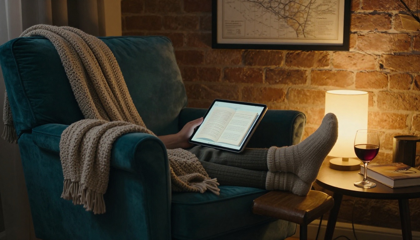 A cozy reading nook with a person in woolen socks on a footstool holding a tablet showing a digital flipbook, warm amber floor lamp light, exposed brick wall background