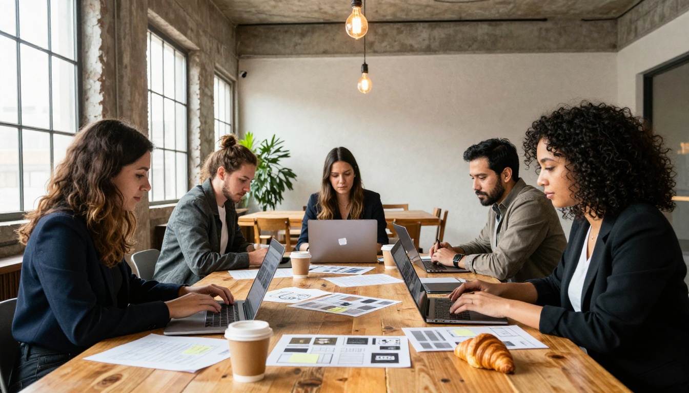 Three independent publishers of diverse ethnicities collaborating around a reclaimed wood table with open laptops and printed layouts, warm afternoon light from industrial windows