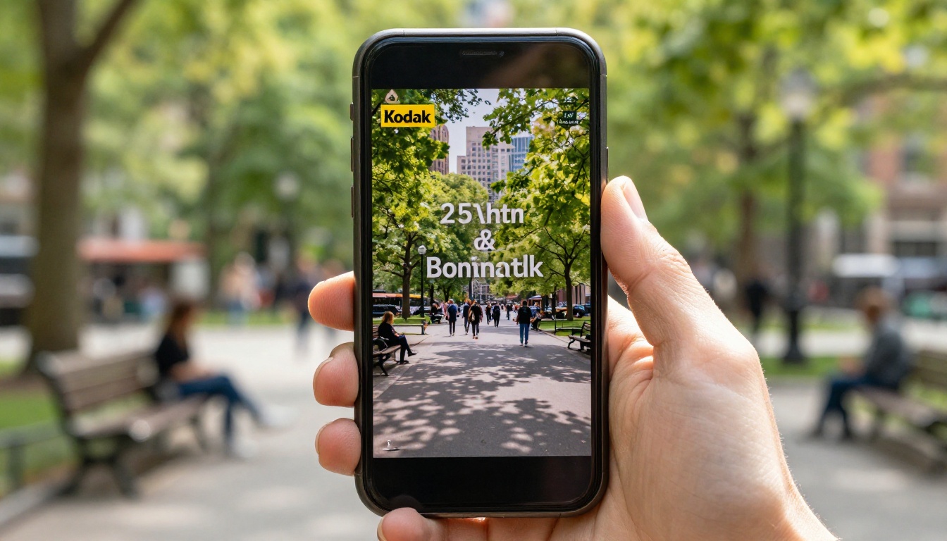 A hand holding a smartphone showing a mobile-optimized digital flipbook in a sunny city park, dappled natural light, green trees blurred in the background