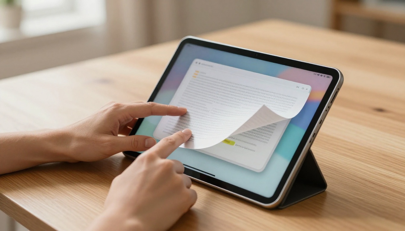 Hands holding a tablet displaying a digital flipbook with a page-turn effect