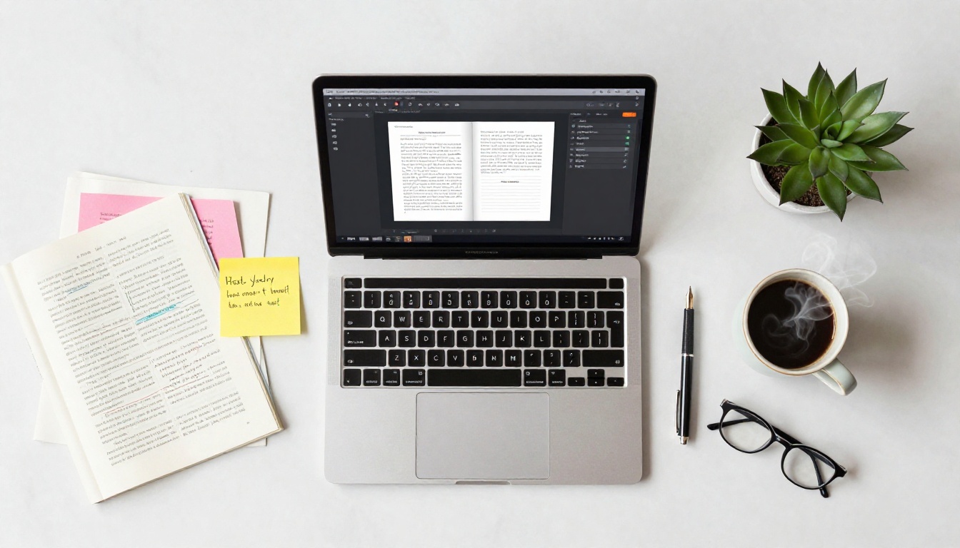 Aerial flatlay of a creative workspace with a laptop showing a flipbook publishing interface