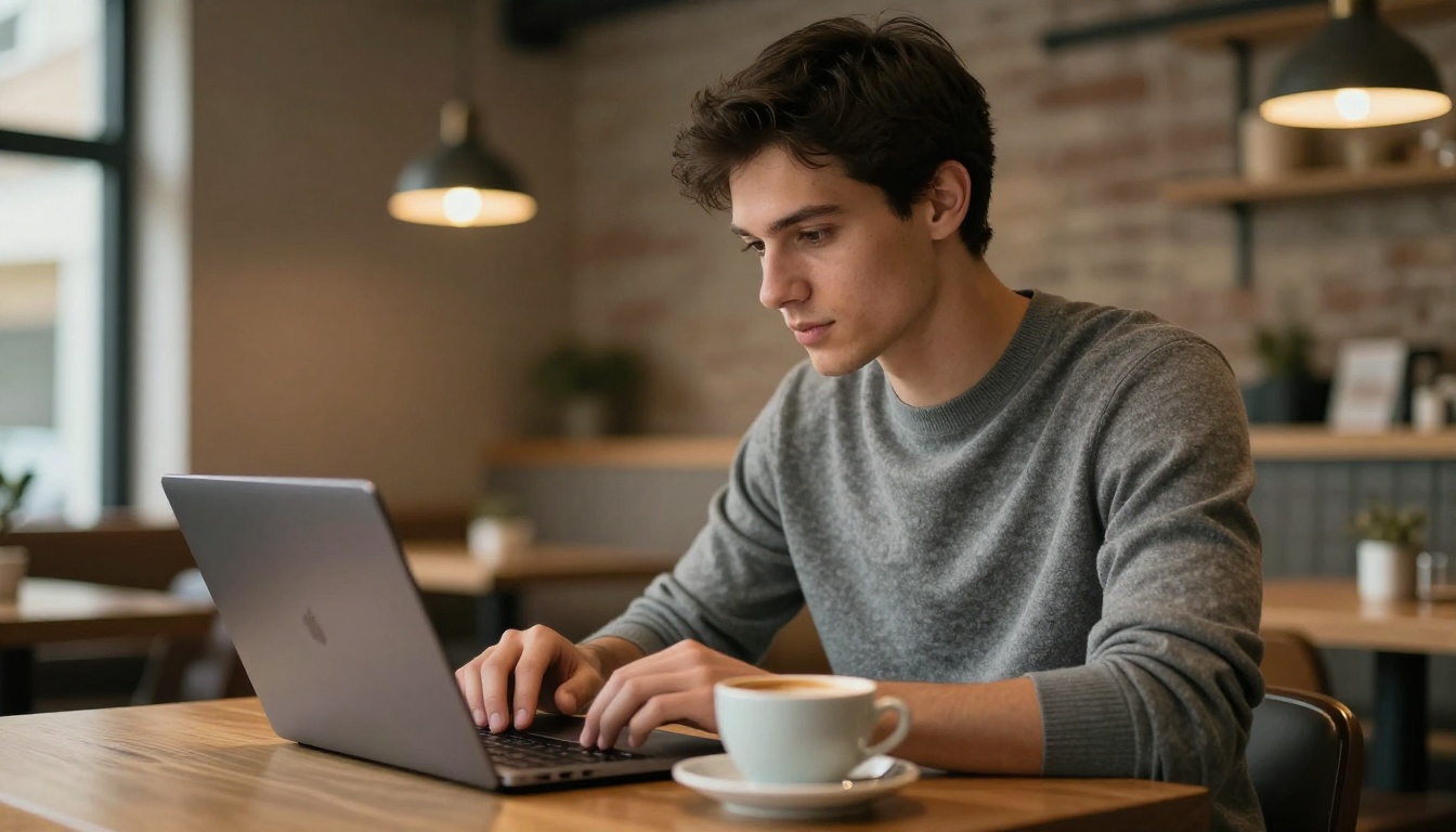 Young professional reading a digital flipbook on a laptop in a warm modern cafe