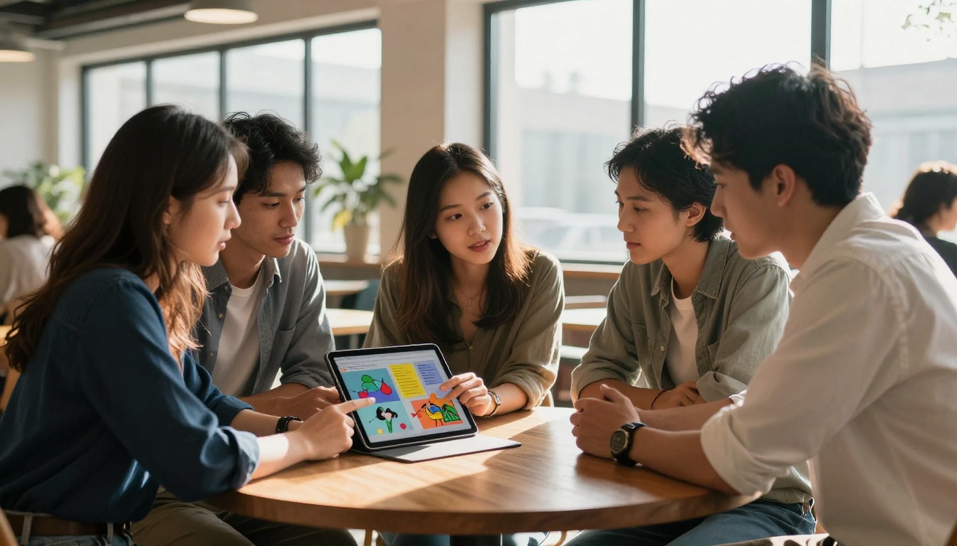 Three professionals collaborating over a tablet showing a flipbook presentation in a bright co-working space