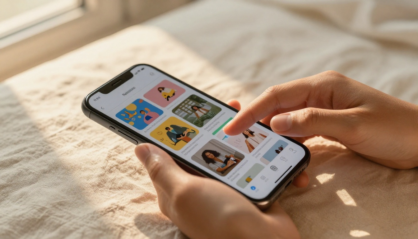 Woman swiping through a digital flipbook on a smartphone over a soft cream linen background