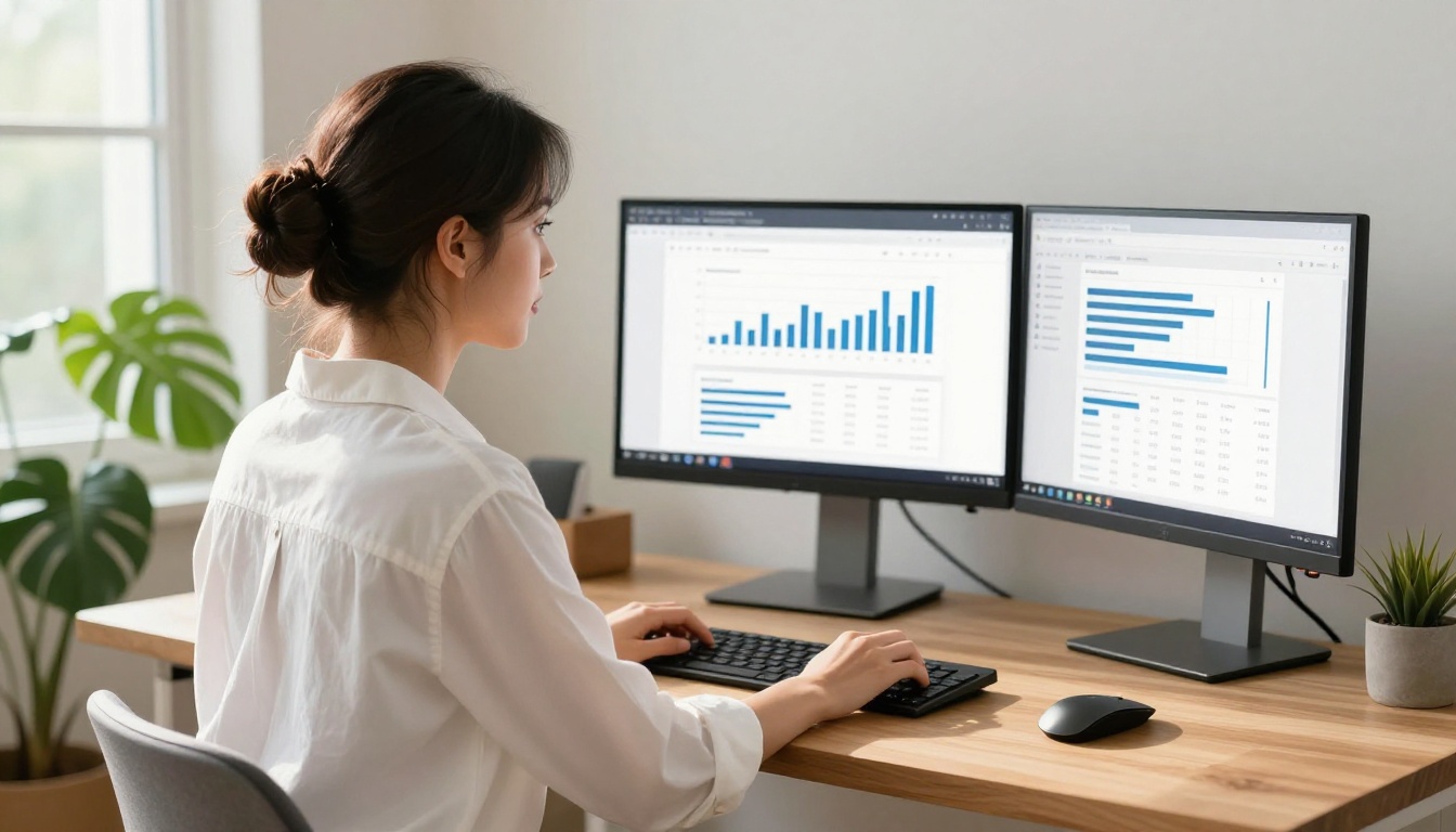 Female content creator at dual monitors showing an embedded flipbook and analytics dashboard