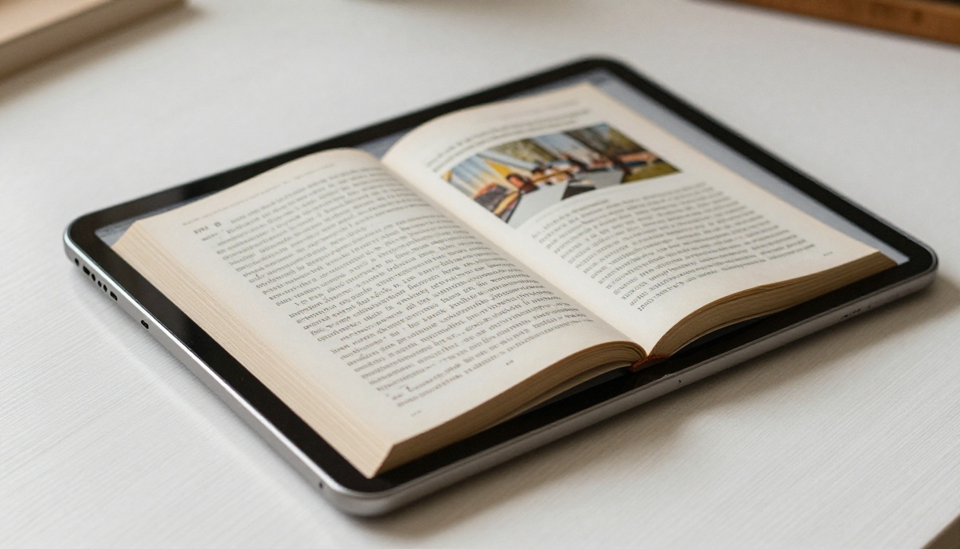 Printed paperback book beside a tablet showing the same content as an interactive digital flipbook