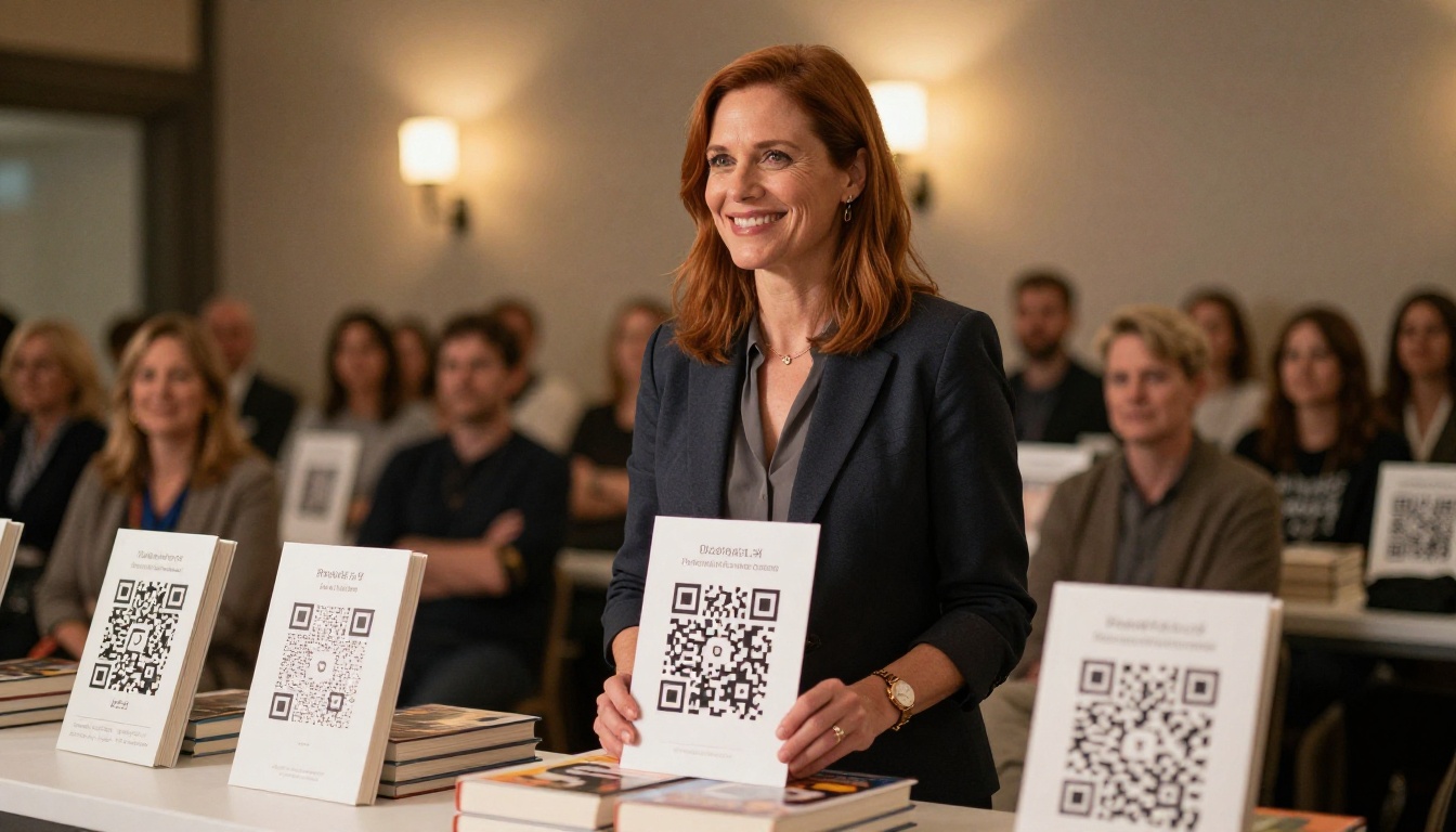 Confident author at a book signing event holding a QR code card linking to her digital flipbook