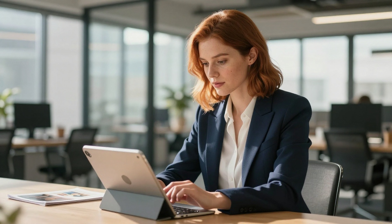 Content creator scrolling through a digital magazine on a tablet at a bright co-working space Content creator scrolling through a digital magazine on a tablet at a bright co-working space