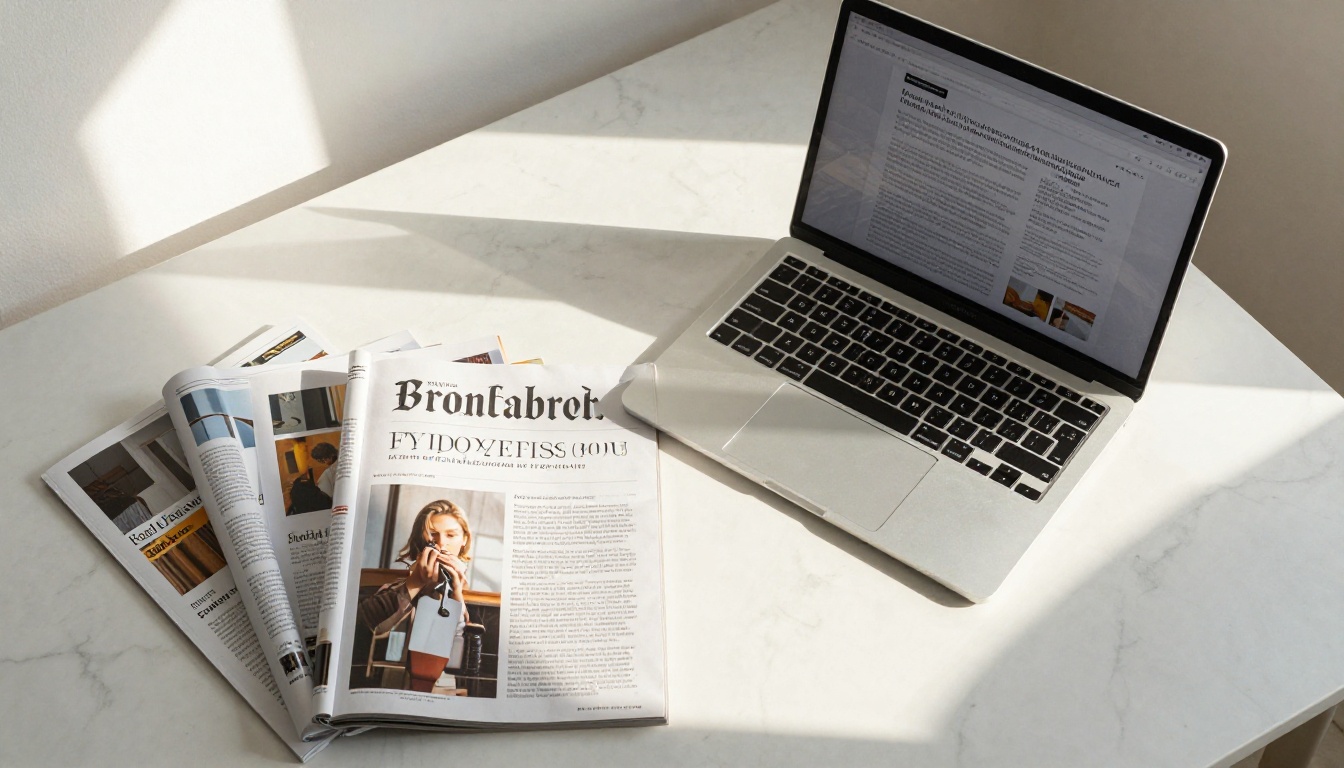 Blog posts and printed magazines arranged on a marble desk with natural morning light Blog posts and printed magazines arranged on a marble desk with natural morning light