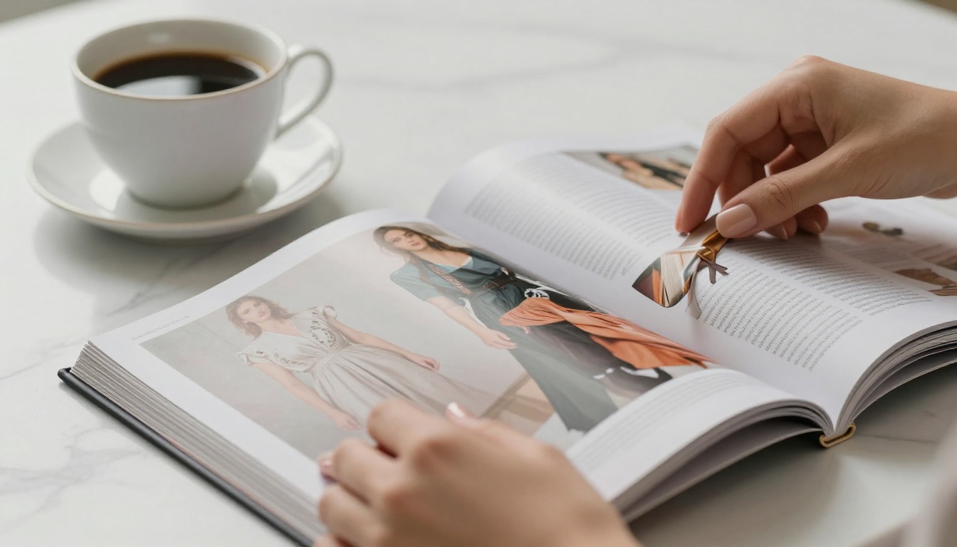 Close-up of hands with natural manicure turning the glossy pages of a vibrant fashion magazine on white marble Close-up of hands with natural manicure turning the glossy pages of a vibrant fashion magazine on white marble