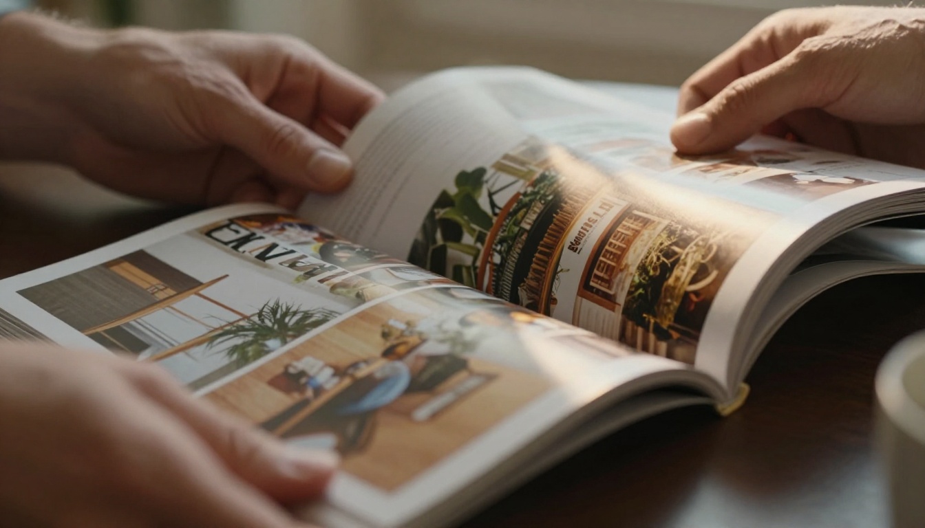 Hands flipping through a glossy magazine page showing curved page-turn effect Hands flipping through a glossy magazine page showing curved page-turn effect
