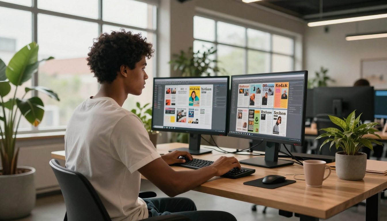 A blogger working at a standing desk with two monitors displaying colorful magazine layout designs A blogger working at a standing desk with two monitors displaying colorful magazine layout designs